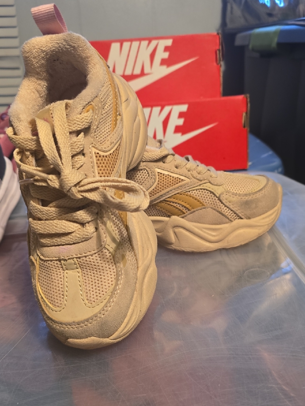 Reebok Chunky Sneakers in Cream and Tan with Subtle Pink Tab